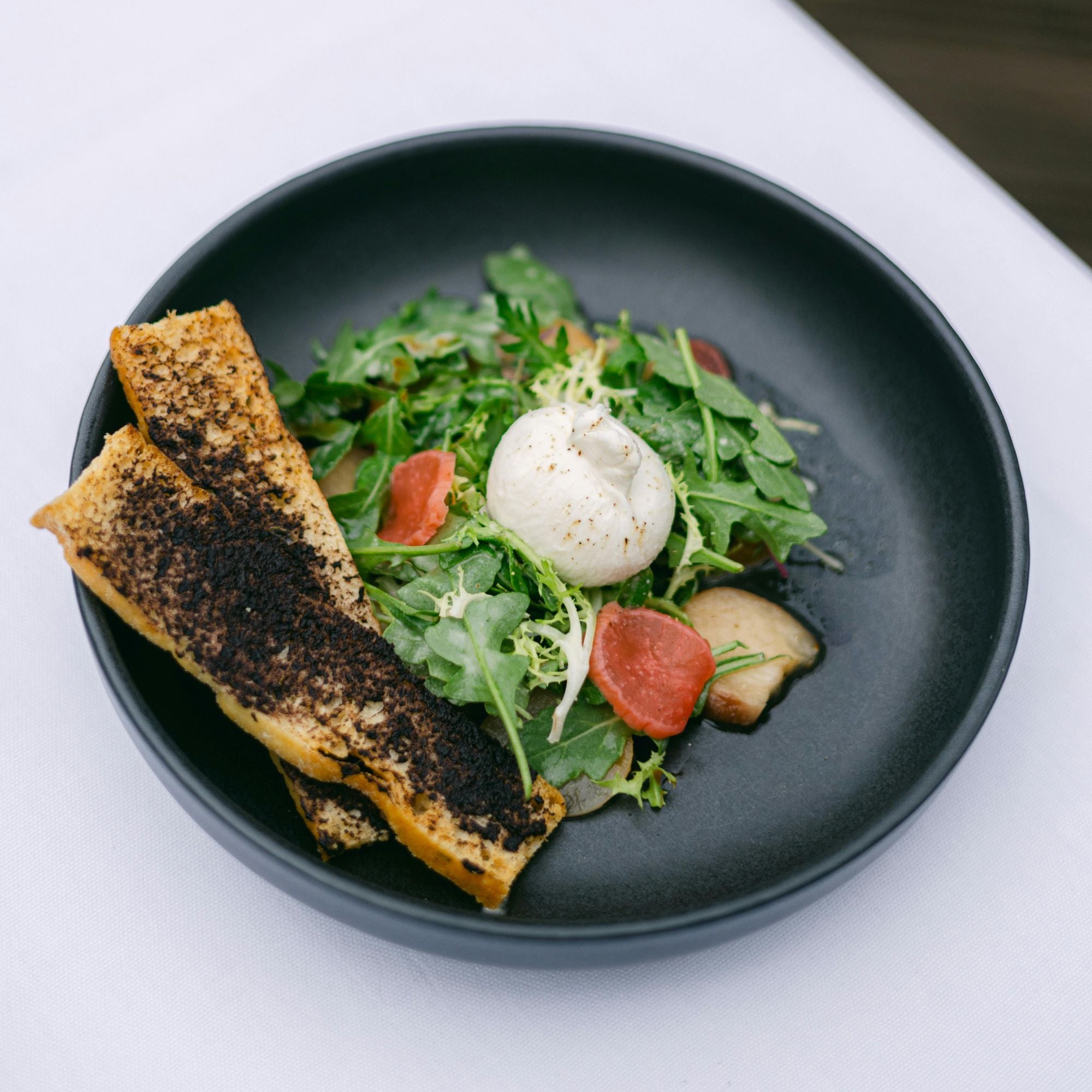 Rucola-Salat mit Burrata und Toast, Arugula Salad with Burrata and Toast, MEDITERRANEAN, Rucola-Salat, Burrata, Mediterran, Vegetarisch, VEGETARIAN, GOURMET, QUICK, LUNCH, SNACK, SALADS
