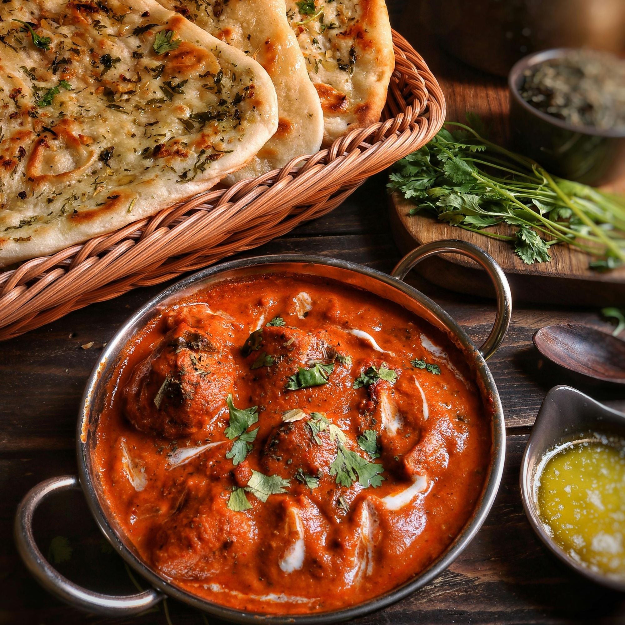 Butter Chicken mit Knoblauch-Naan, Murgh Makhani with Garlic Naan, INDIAN, Butter Chicken, Murgh Makhani, Garlic Naan, Indisch, TRADITIONAL, SPICY, FESTIVE, DINNER, LUNCH, CHICKEN, FAMILY